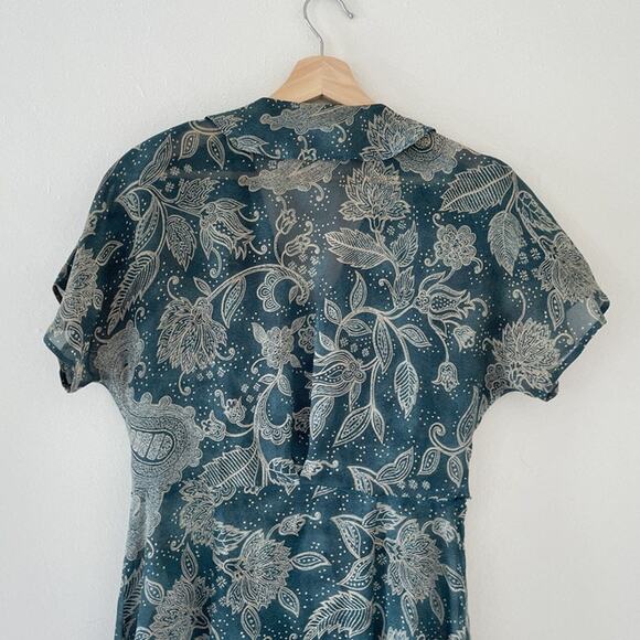 Vtg 90's Green Paisley Floral Sheer Dagger Collar Dress Sz 6 Rayon Grunge - Picture 5 of 9